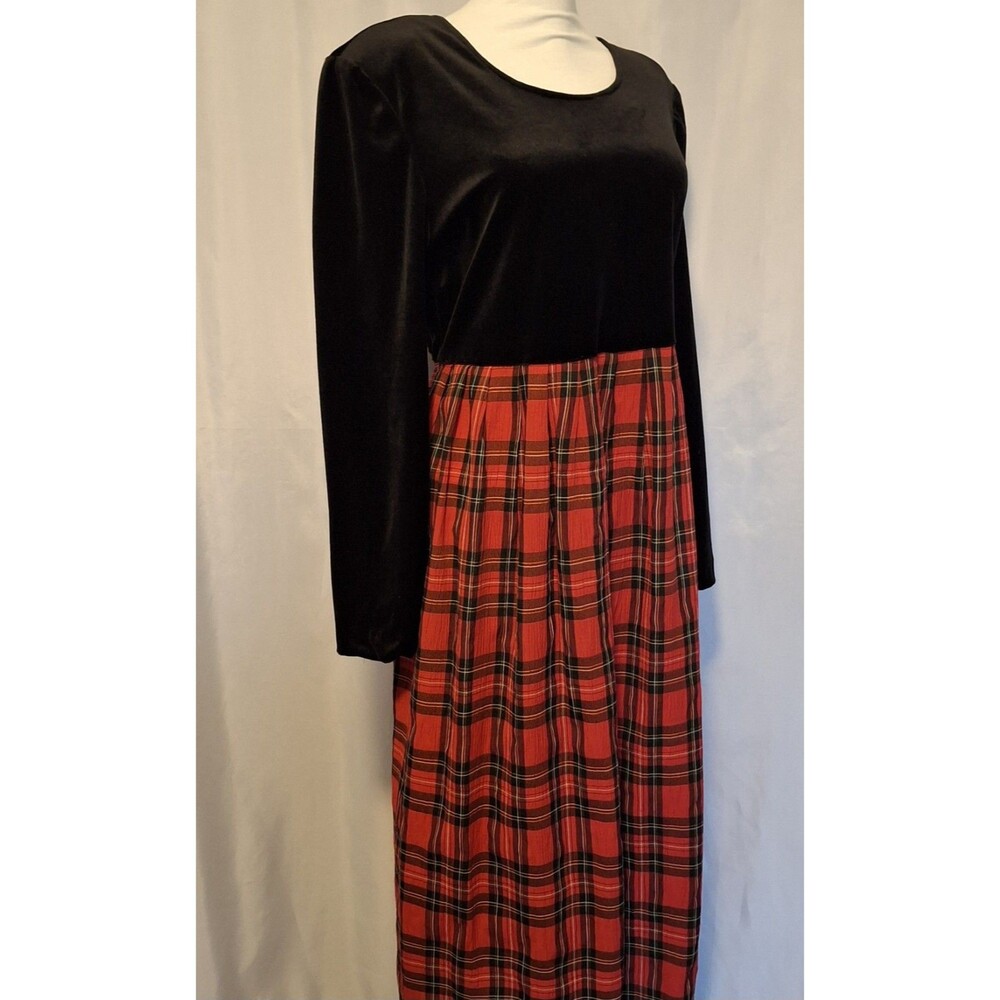 Vintage 80s Empire waist dress plaid pleated skirt tie back midi length sz 8